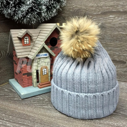 Серая зимняя шапка с помпоном (натуральный мех) Beanie Real Fur Gray