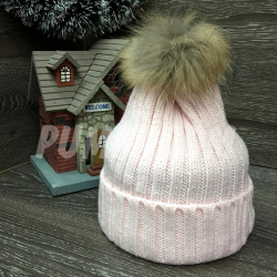 Розовая зимняя шапка с помпоном (натуральный мех) Beanie Real Fur Pink